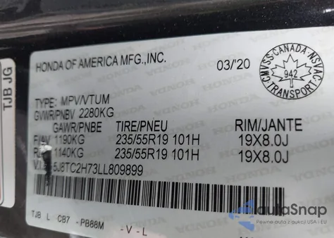 2020 Acura Rdx Advance Package from USA, damaged, VIN 5J8TC2H73LL809899